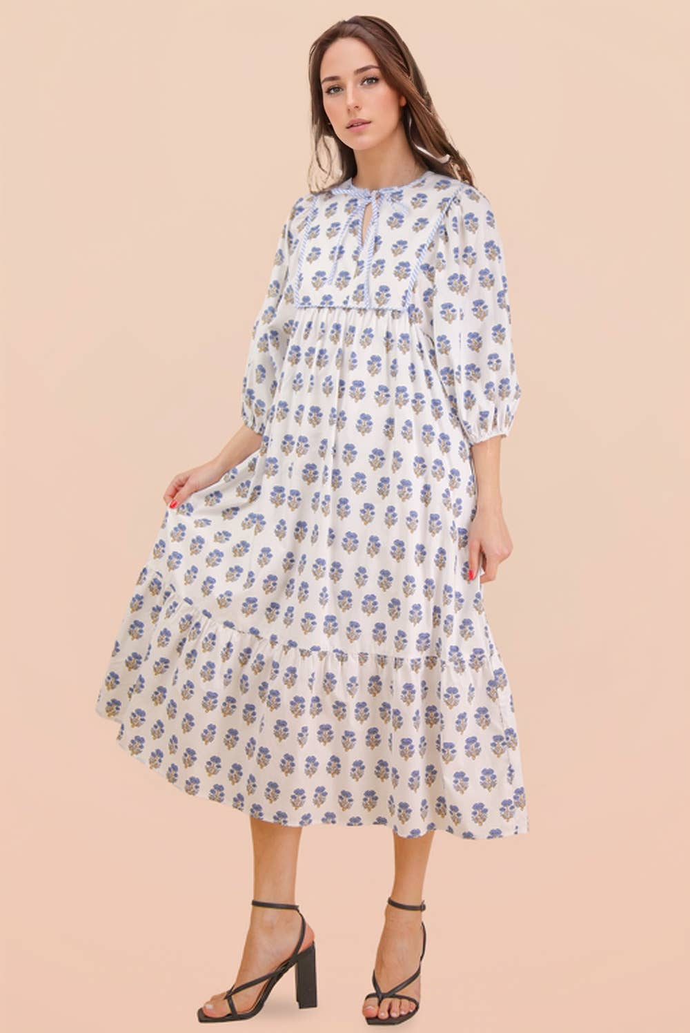 ND32007-Printed Half Sleeve Midi Dress: White mix / S-M-L/2-2-2