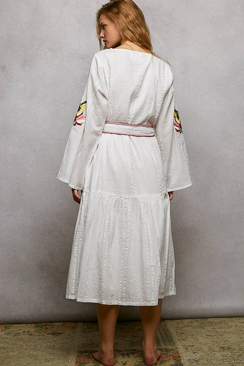 POL Embroidery Pintuck Belt Long Sleeve Roomy Fit Dress OFF WHITE