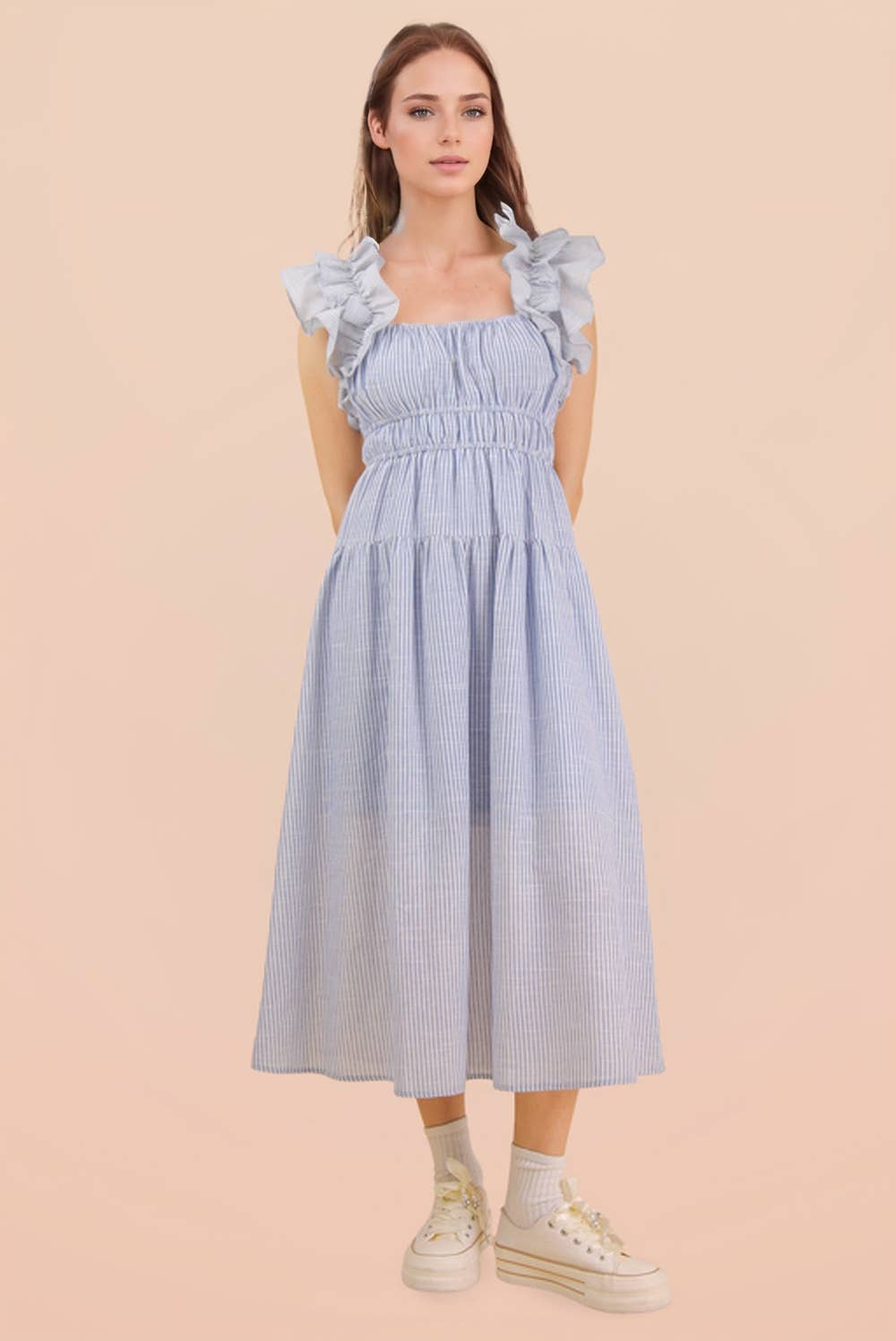 ND32033-Shoulder Ruffle Detail Stripe Midi Dress: GREEN / S-M-L/2-2-2
