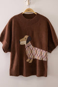 Dog Graphic Short Sleeve Knit Mocha Color