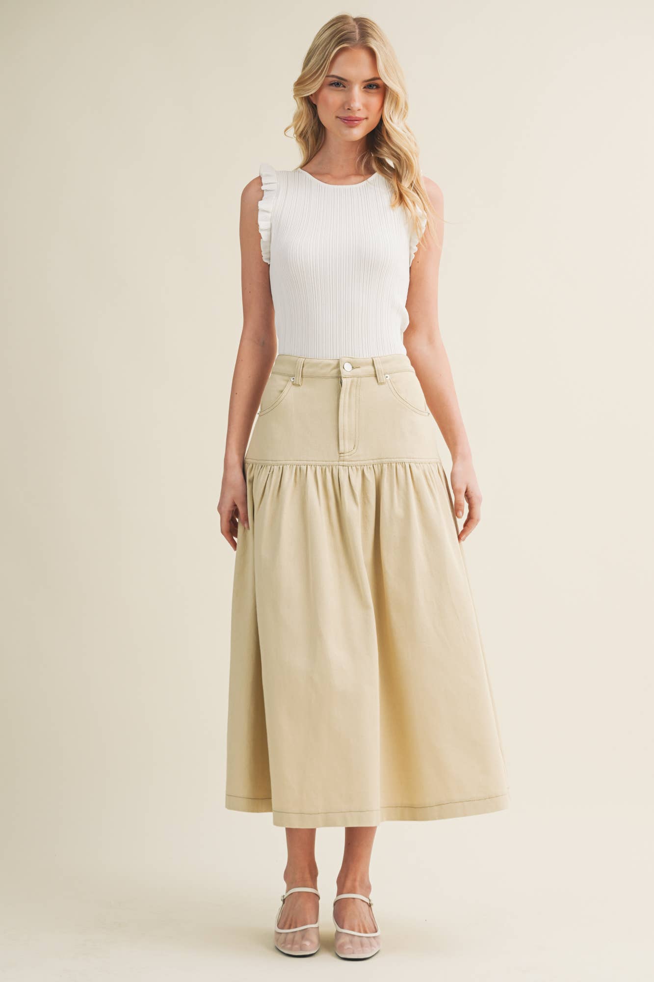 Sculpted Yoke Cascading Volume Skirt Beige