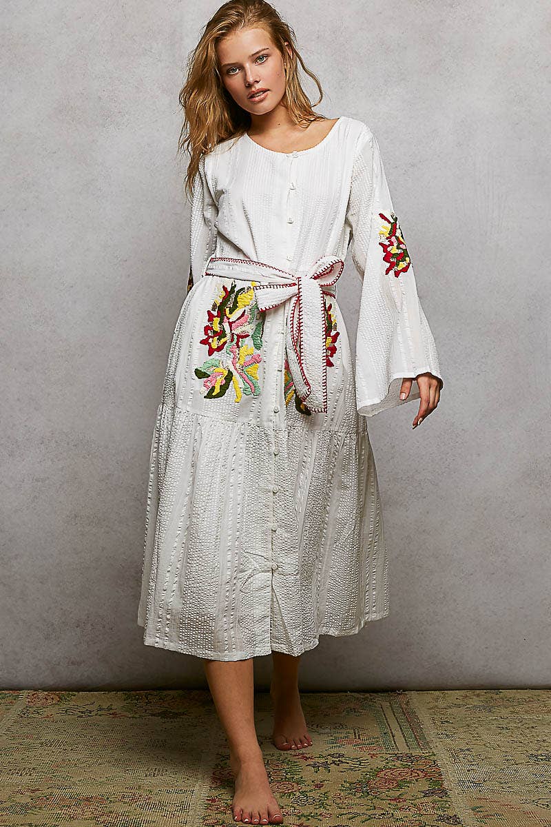 POL Embroidery Pintuck Belt Long Sleeve Roomy Fit Dress OFF WHITE