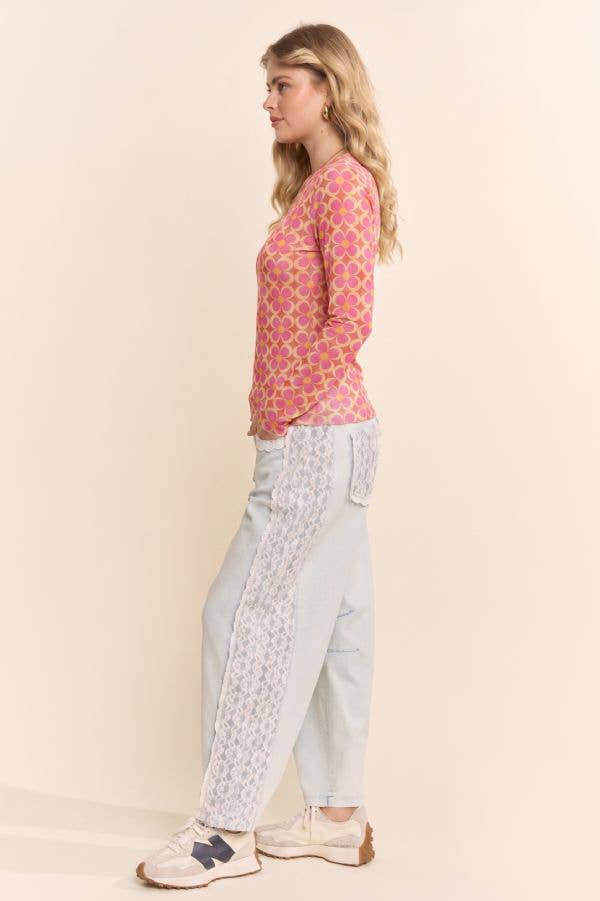 Retro Floral Print Long Sleeve Mesh Top