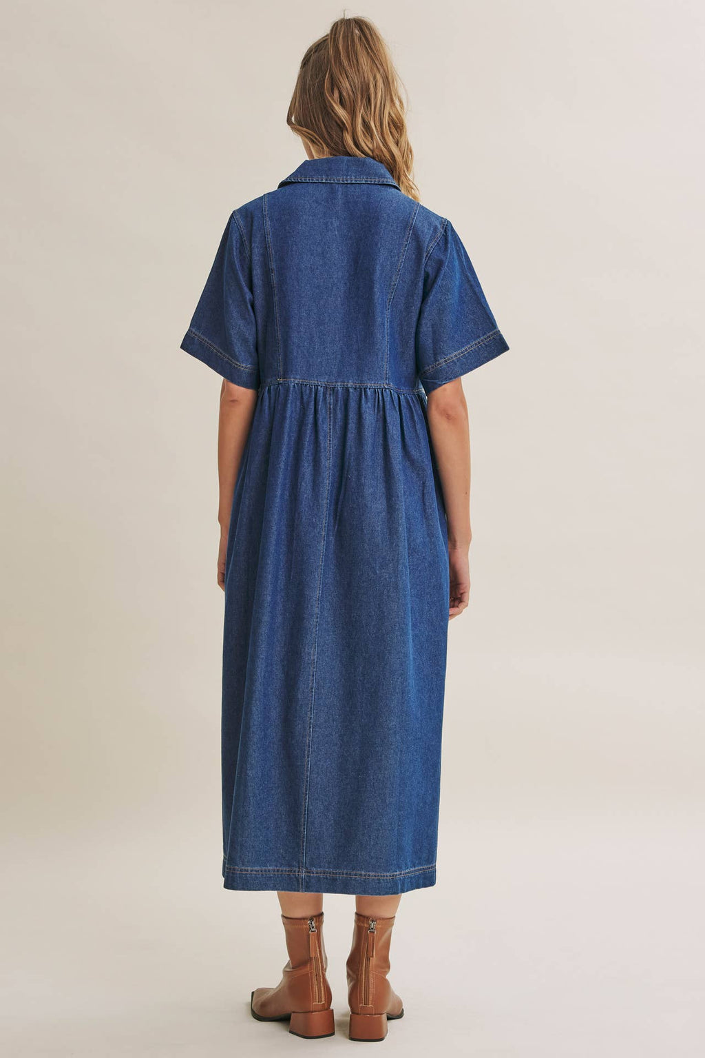DENIM WASHED BOW-FRONT MIDI DRESS