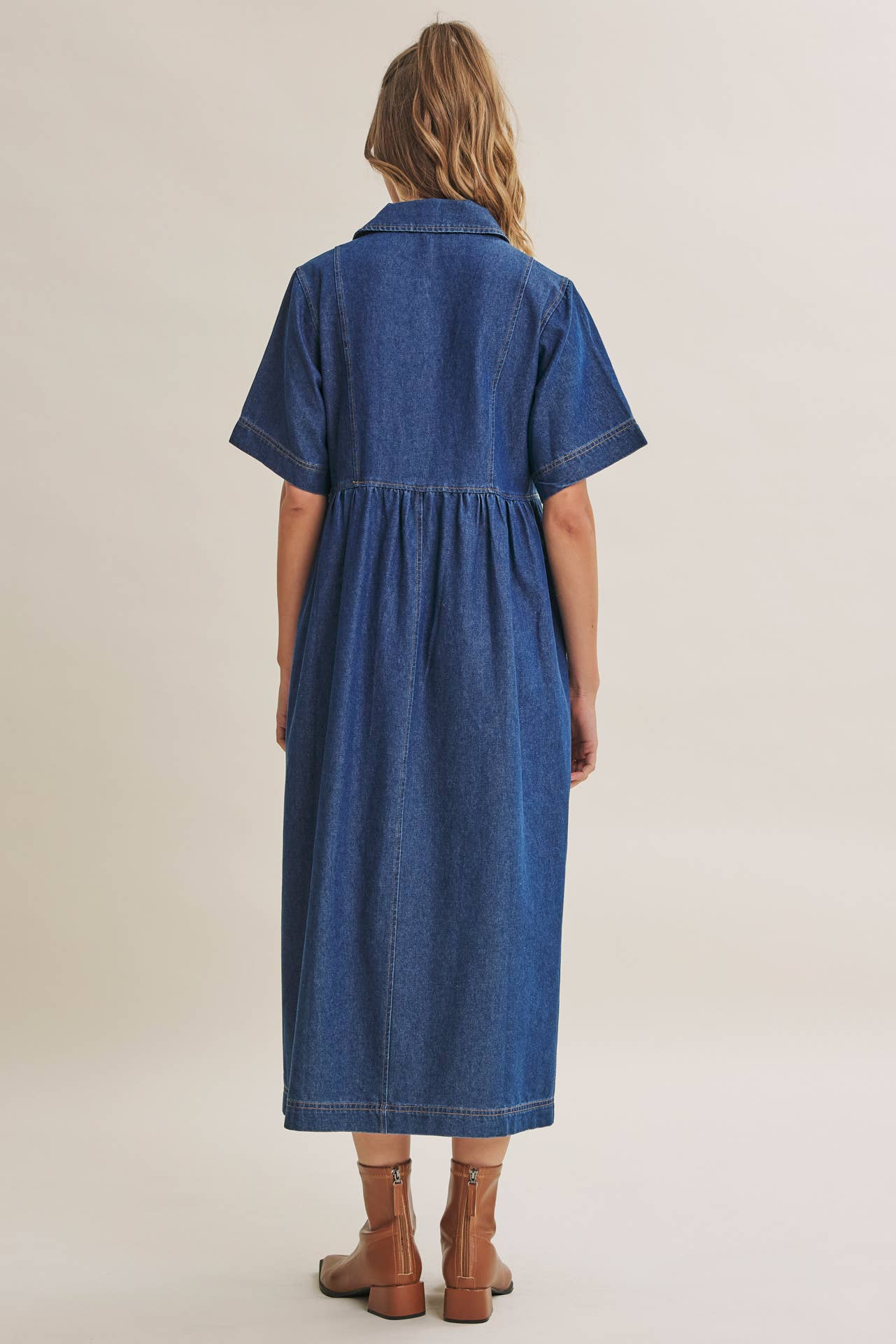 DENIM WASHED BOW-FRONT MIDI DRESS