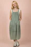 Sage Mineral Washed Denim Overall Casual Midi Dress