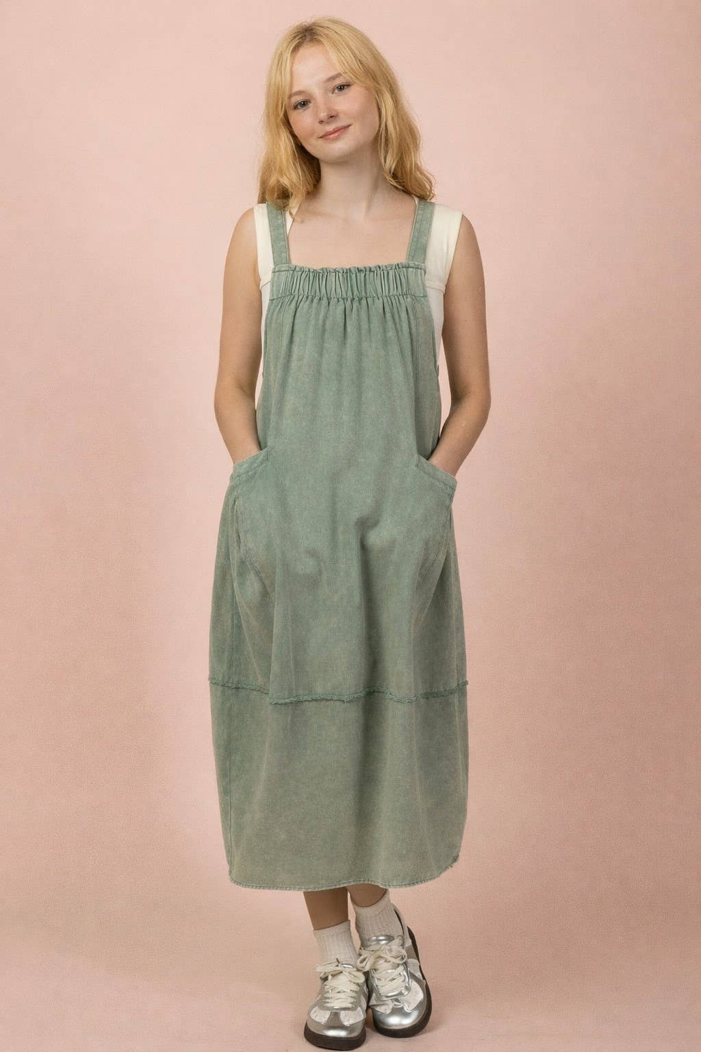 Sage Mineral Washed Denim Overall Casual Midi Dress