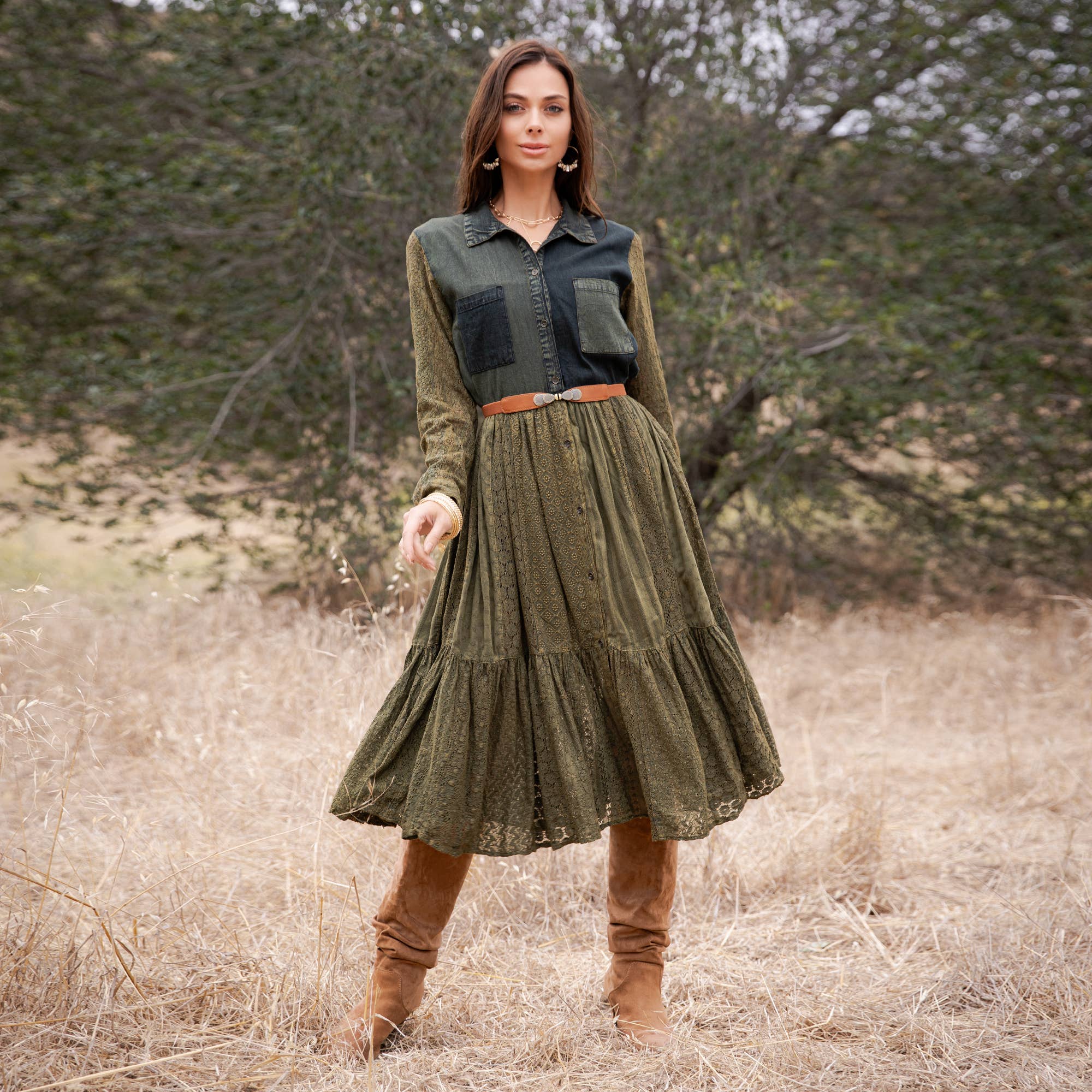 Vintage Bohemian Tiered Midi Dress - Boho Eyelet NEW: GRAVEL / REGULAR (S-M-L-XL 2-2-2-1)