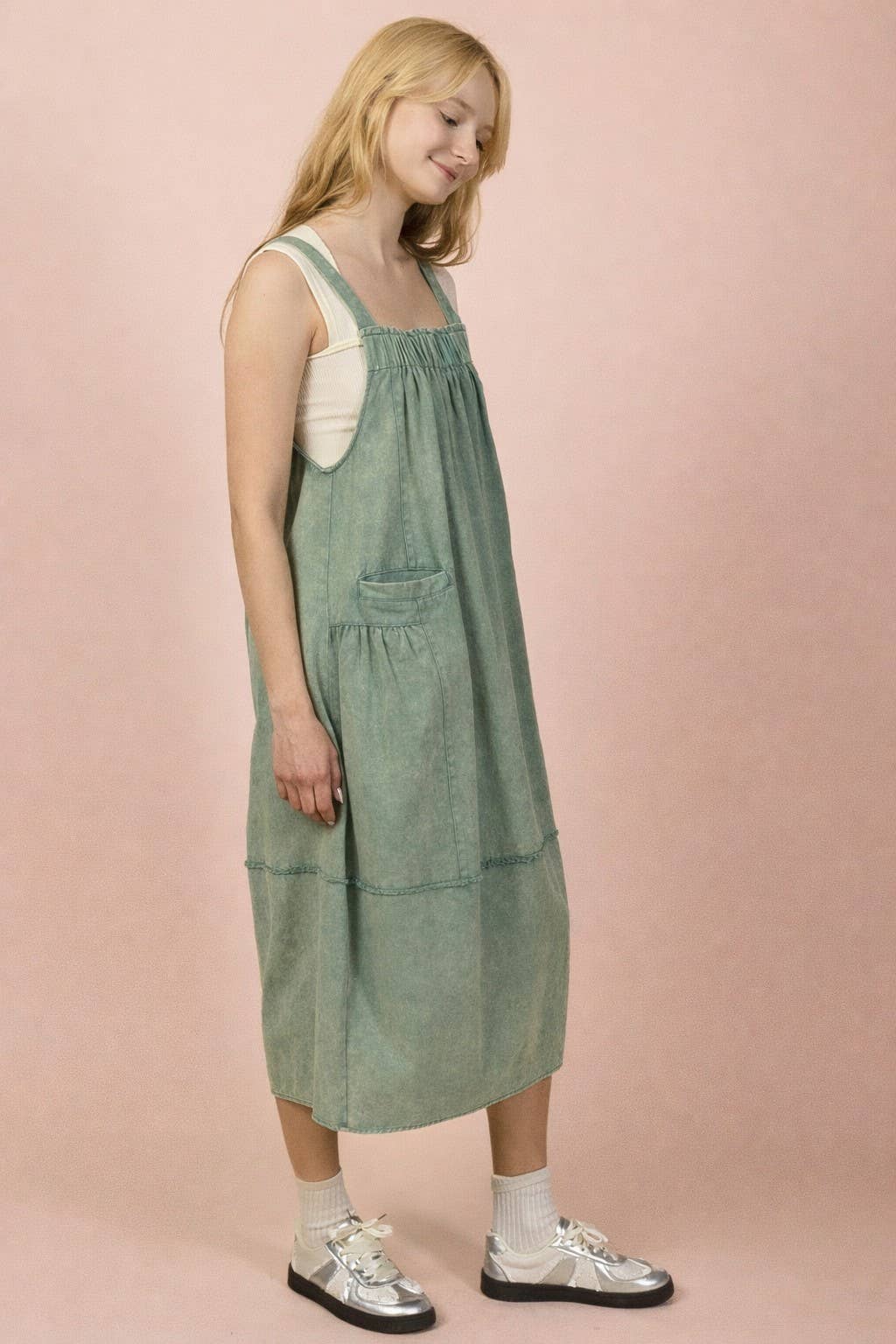 Sage Mineral Washed Denim Overall Casual Midi Dress