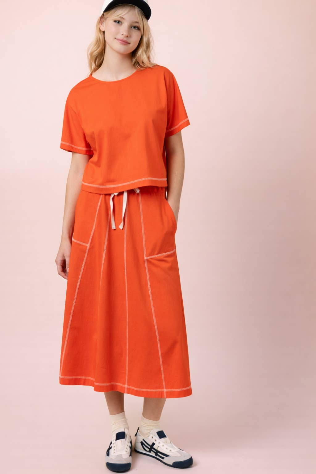 NS50213-Stitch Detail Casual Knit Midi Skirt: TOBACCO / S-M-L/2-2-2