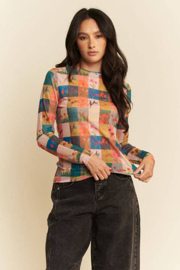 Floral Checker Patchwork Print Mesh Long Sleeve Top Plus Size