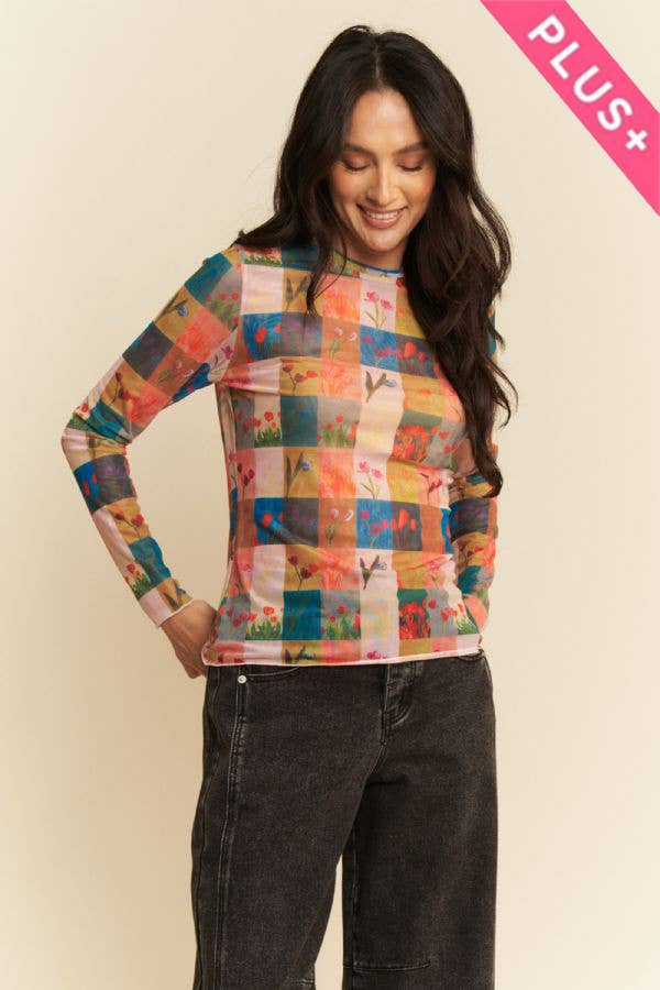 Floral Checker Patchwork Print Mesh Long Sleeve Top Plus Size