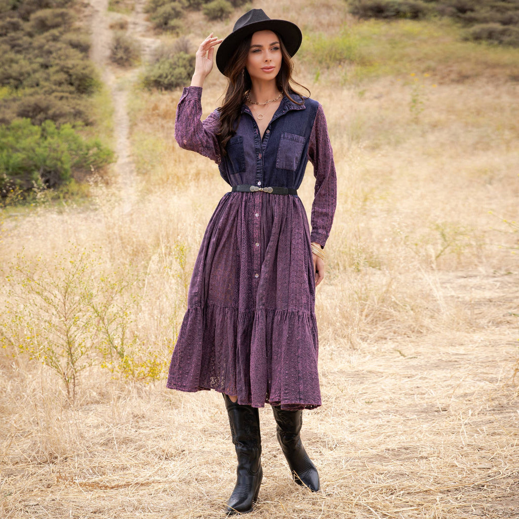 Vintage Bohemian Tiered Midi Dress - Boho Eyelet NEW: GRAVEL / REGULAR (S-M-L-XL 2-2-2-1)