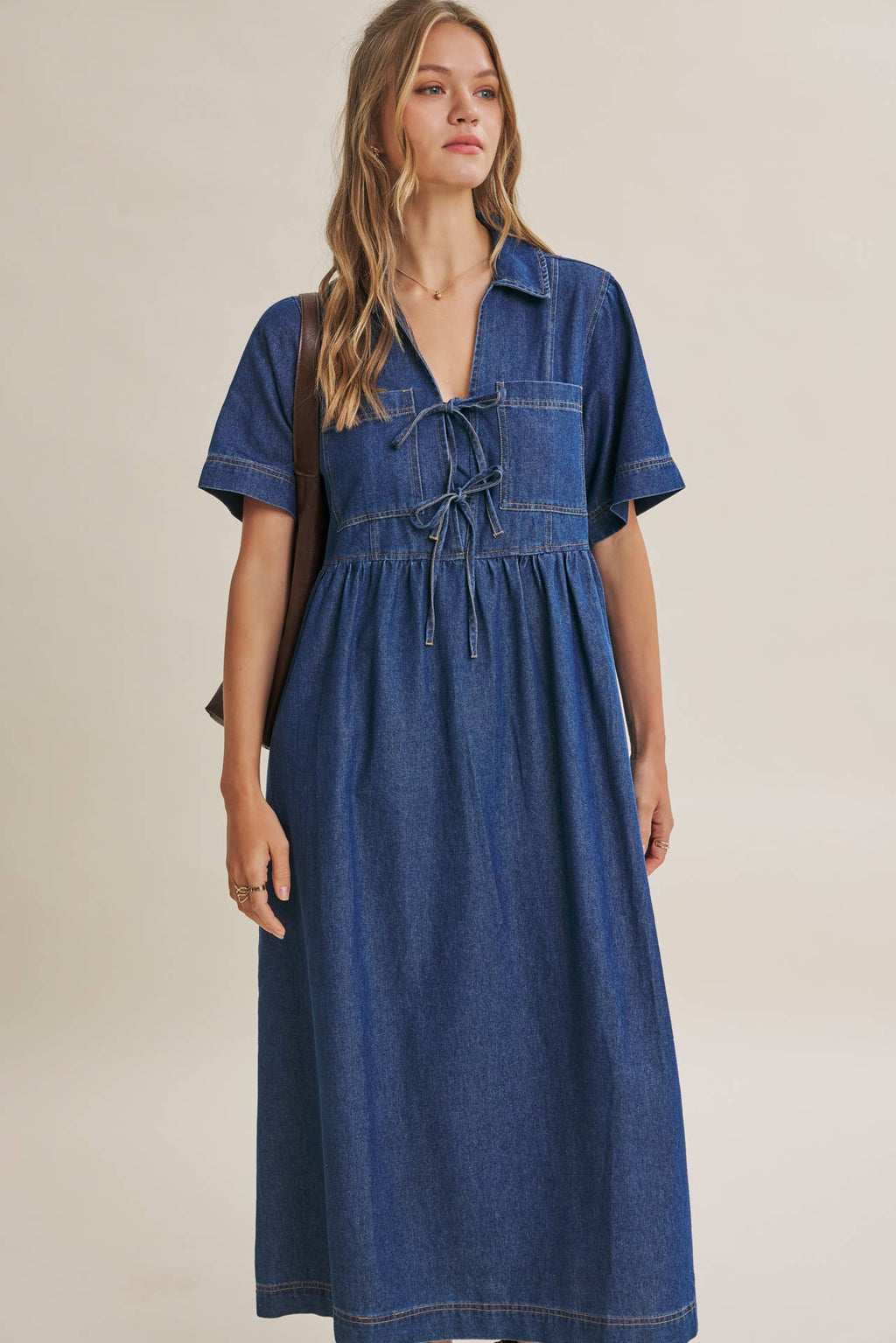 DENIM WASHED BOW-FRONT MIDI DRESS