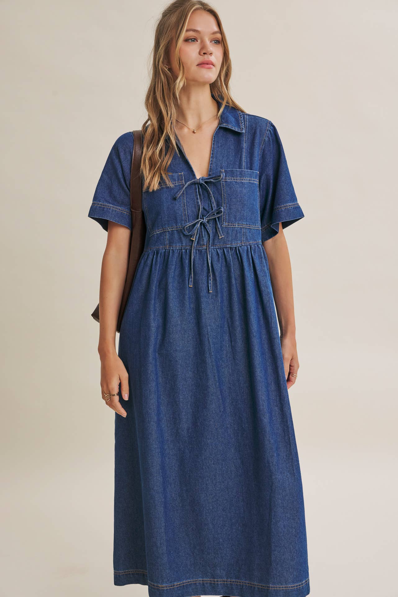DENIM WASHED BOW-FRONT MIDI DRESS