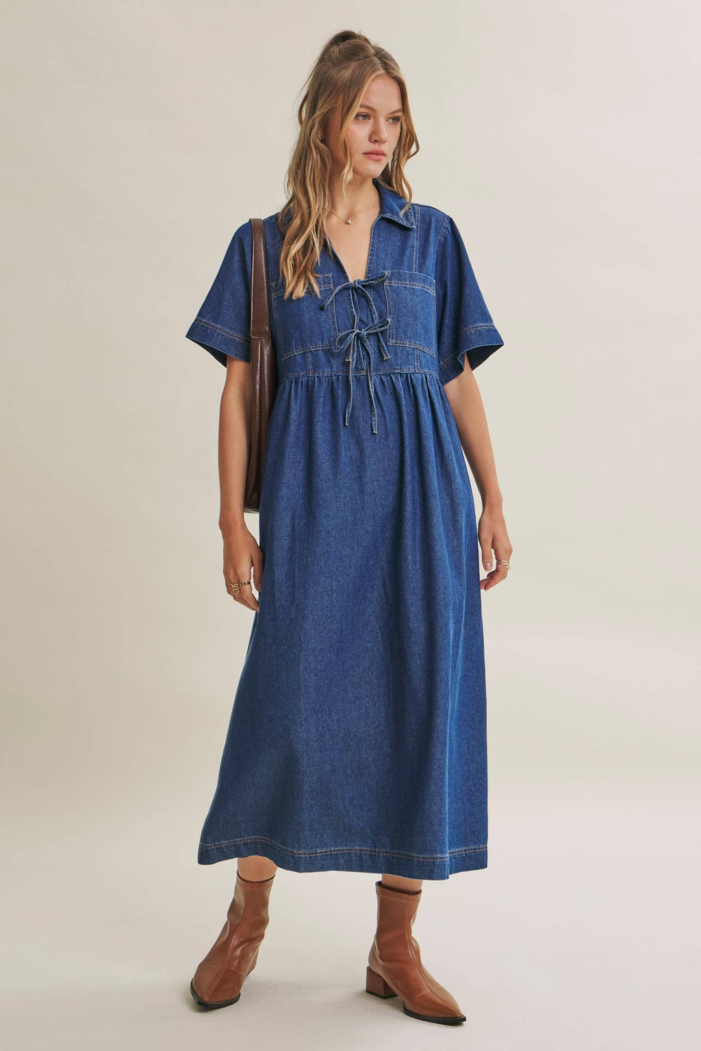 DENIM WASHED BOW-FRONT MIDI DRESS