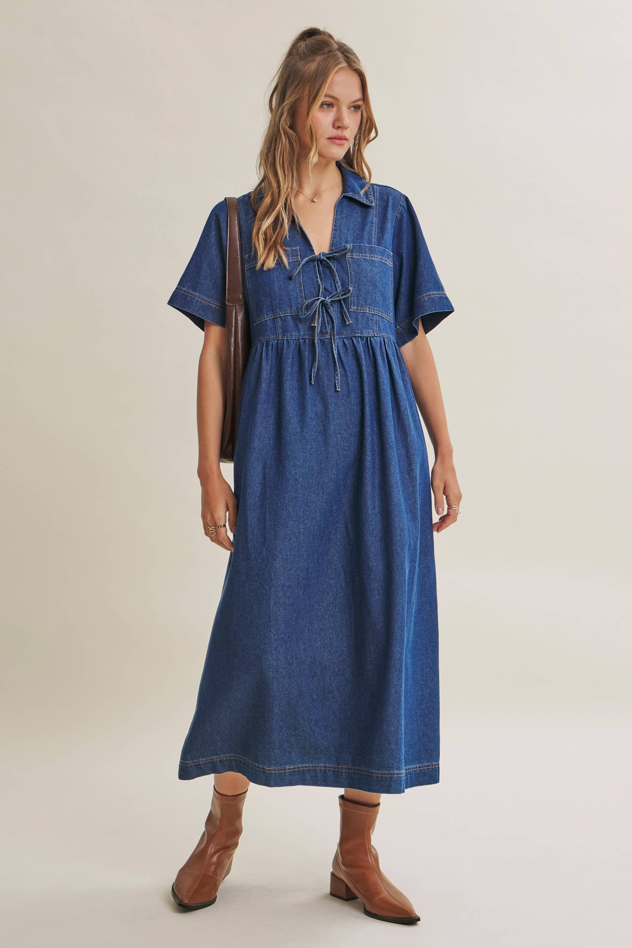 DENIM WASHED BOW-FRONT MIDI DRESS