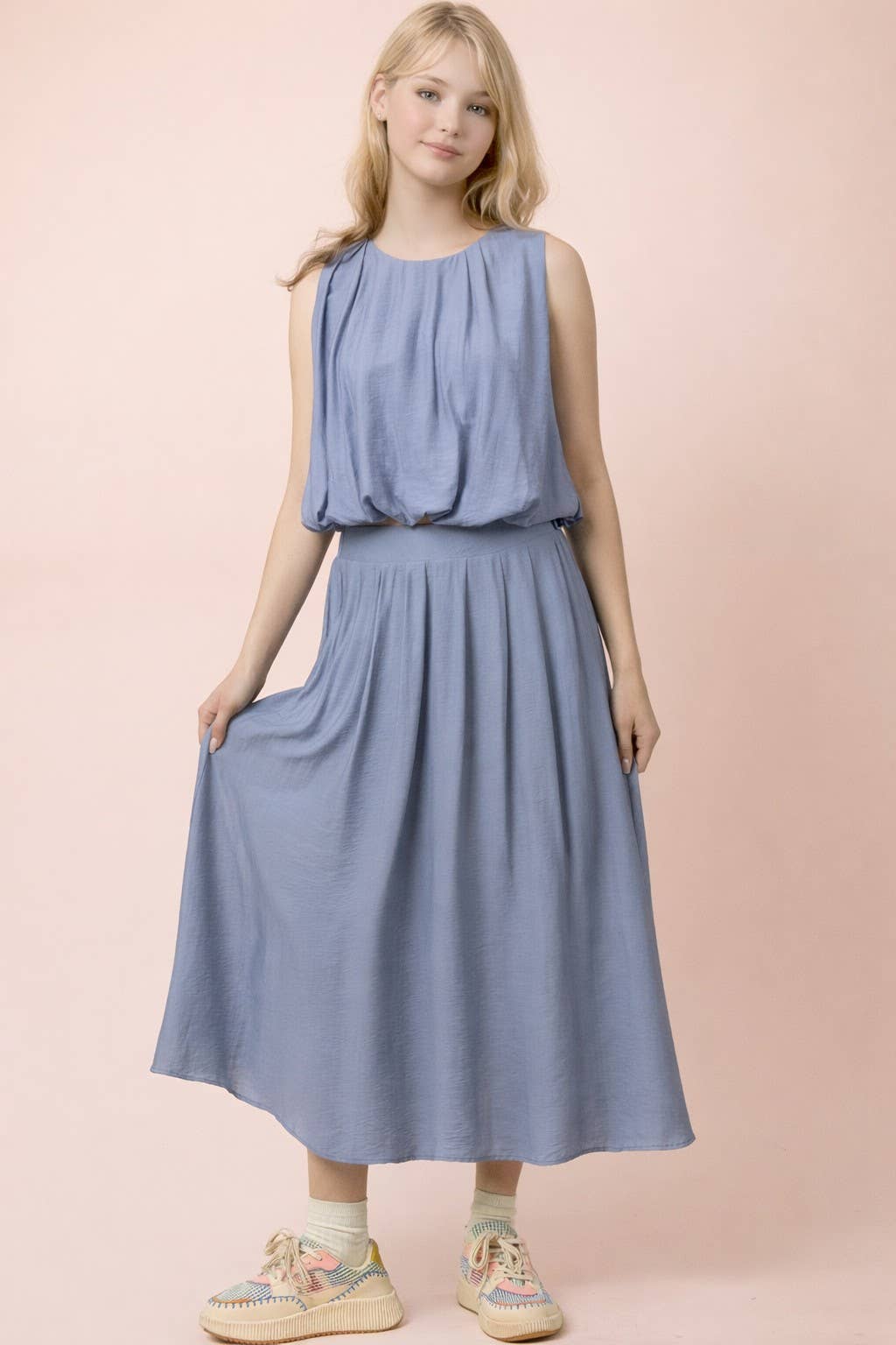 NT12643SET-Pleated Bubble Blouse Top & Midi Skirt Set: DENIM / S-M-L/2-2-2
