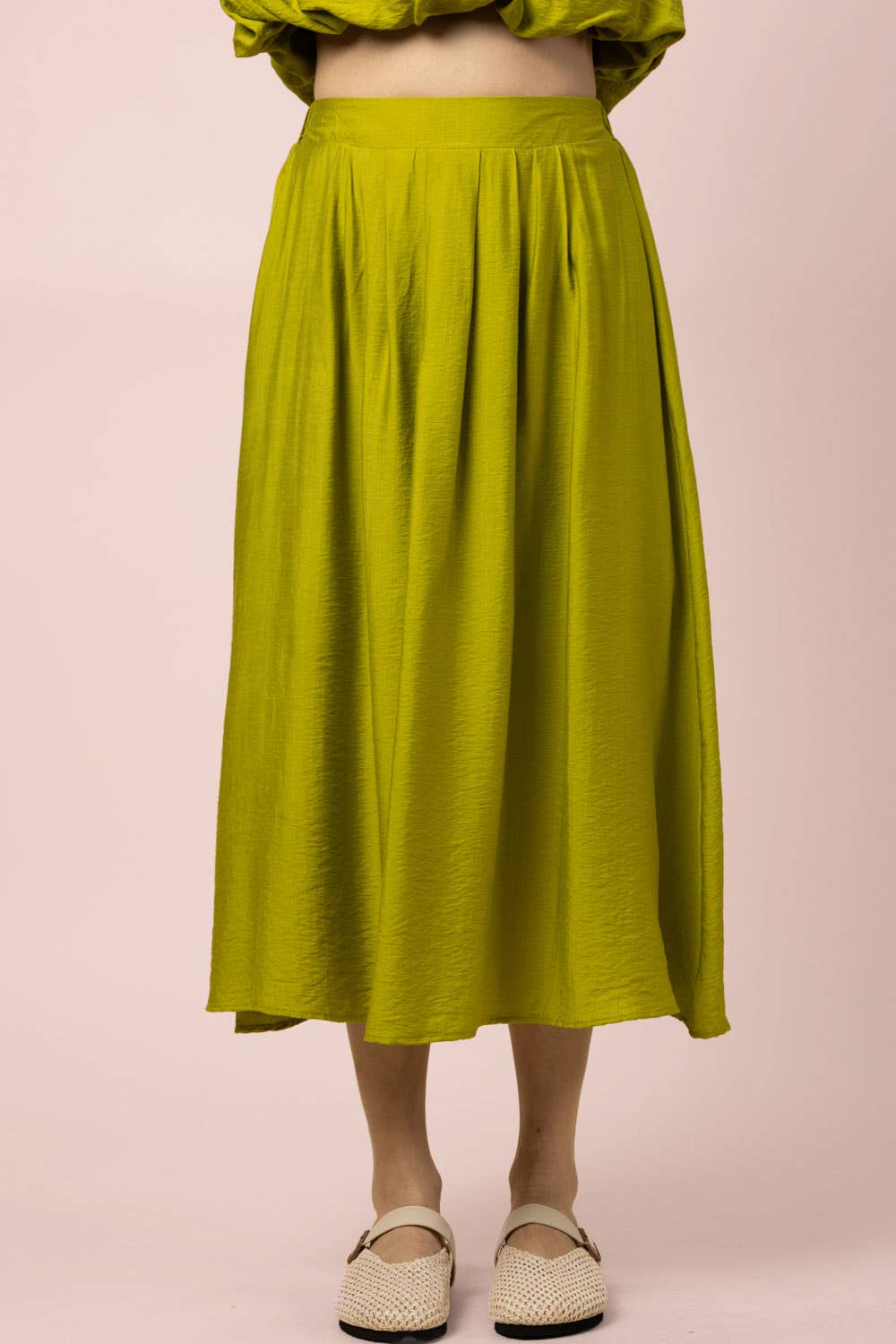 NT12643SET-Pleated Bubble Blouse Top & Midi Skirt Set: DENIM / S-M-L/2-2-2