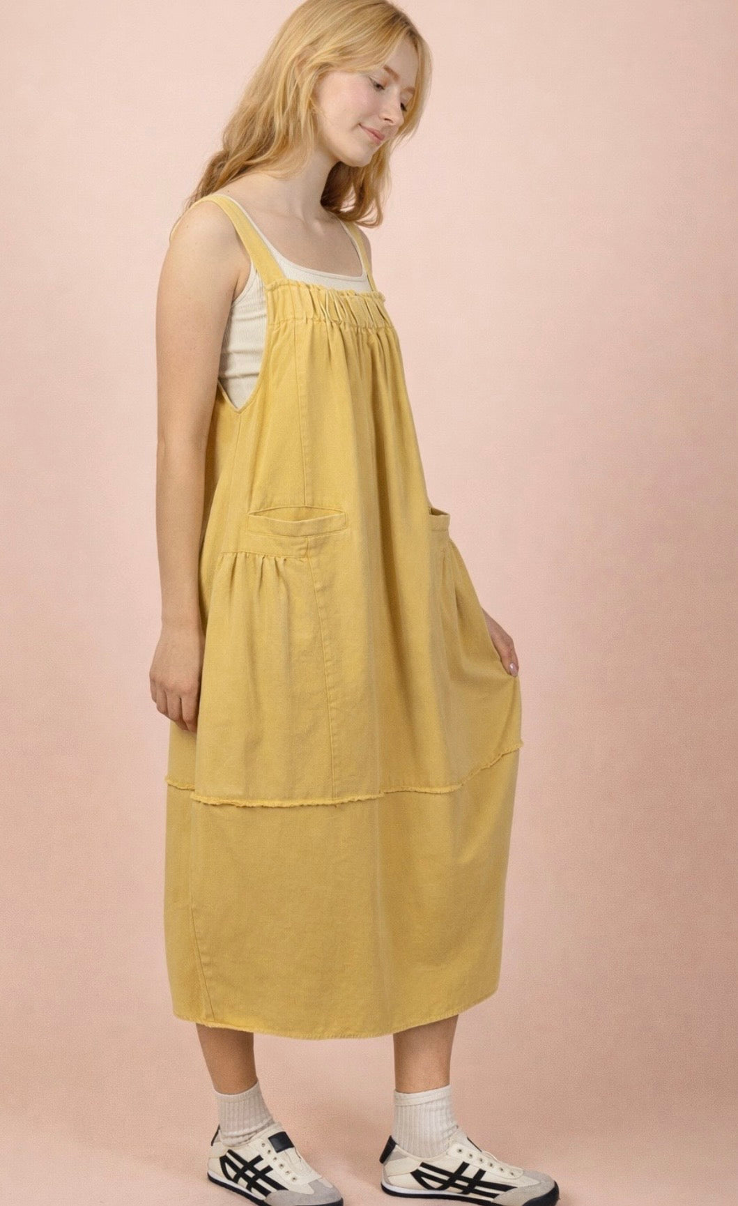 Butter Yellow Mineral Washed Denim Overall Casual Midi Dress
