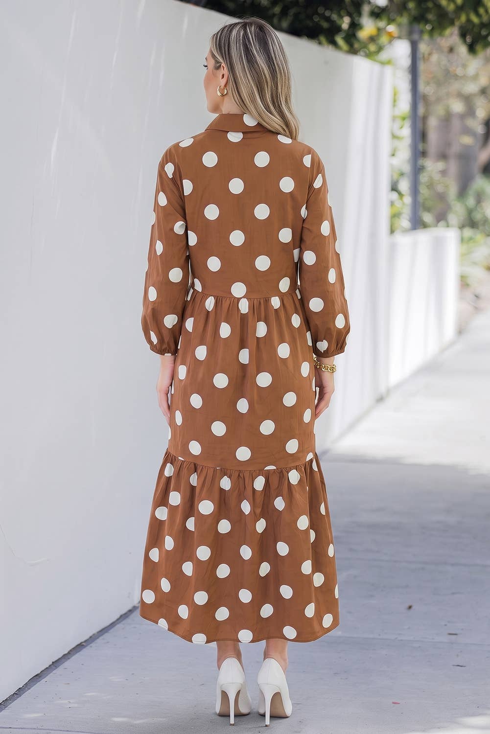 PRE ORDER Polka Dot Button Front Long Sleeve Shift Dress Brown (ETA 8/9)