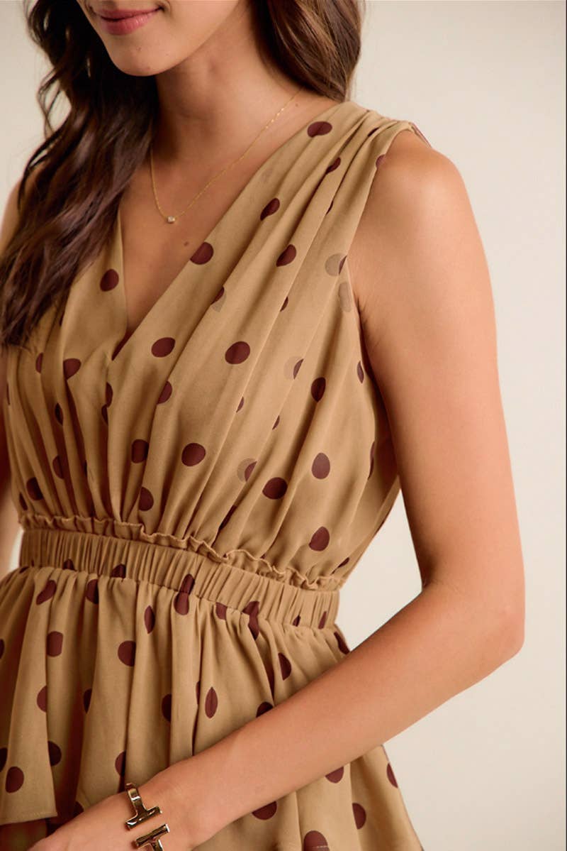 POLKA DOT CHIFFON TIERED MAXI LINED SLEEVELESS DRESS: BROWN/PINK / S