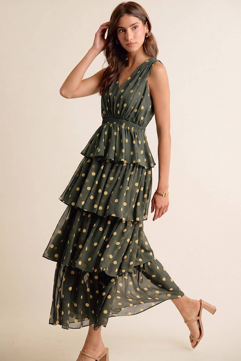 POLKA DOT CHIFFON TIERED MAXI LINED SLEEVELESS DRESS: BROWN/PINK / S