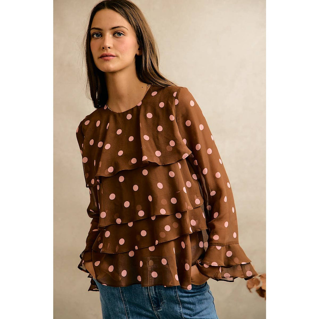 POLKA DOT PRINT RUFFLE BLOUSE: BROWN/PINK / S