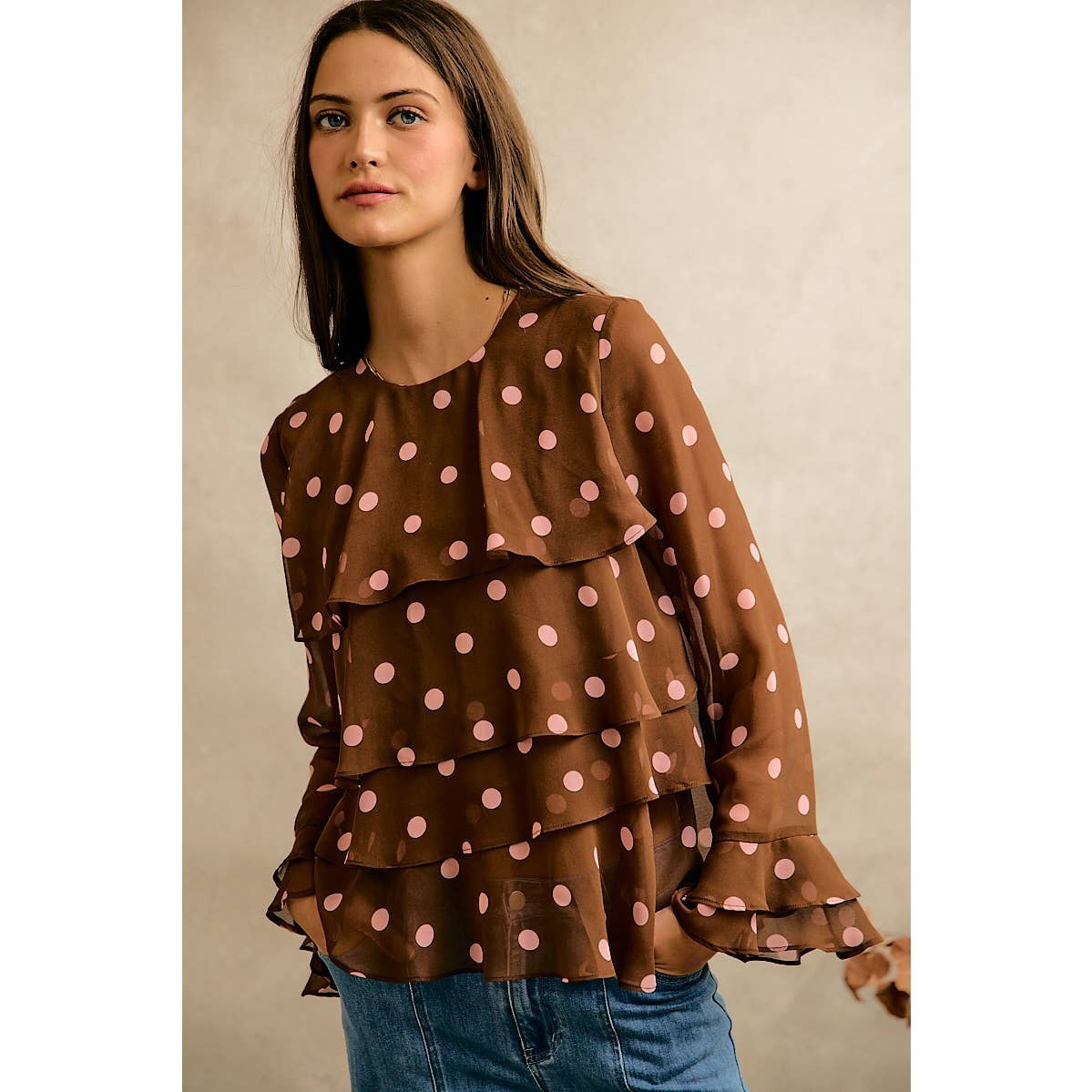 POLKA DOT PRINT RUFFLE BLOUSE: BROWN/PINK / S
