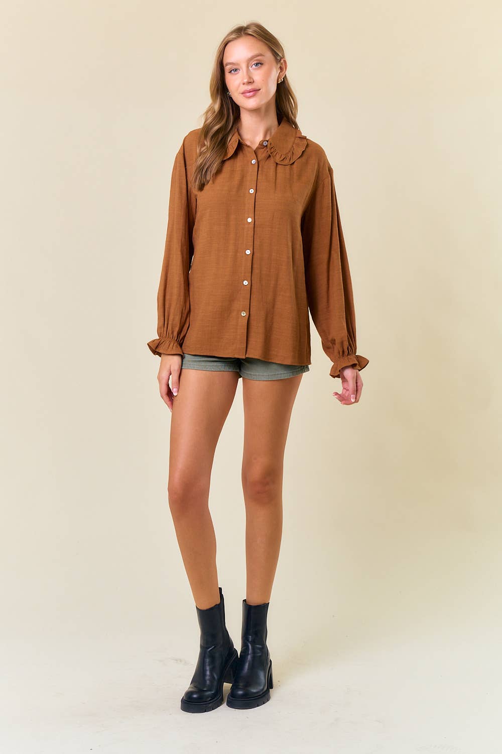 Ruffle Collar Drop Shoulder Oversized Blouse - 44661T: COFFEE / S