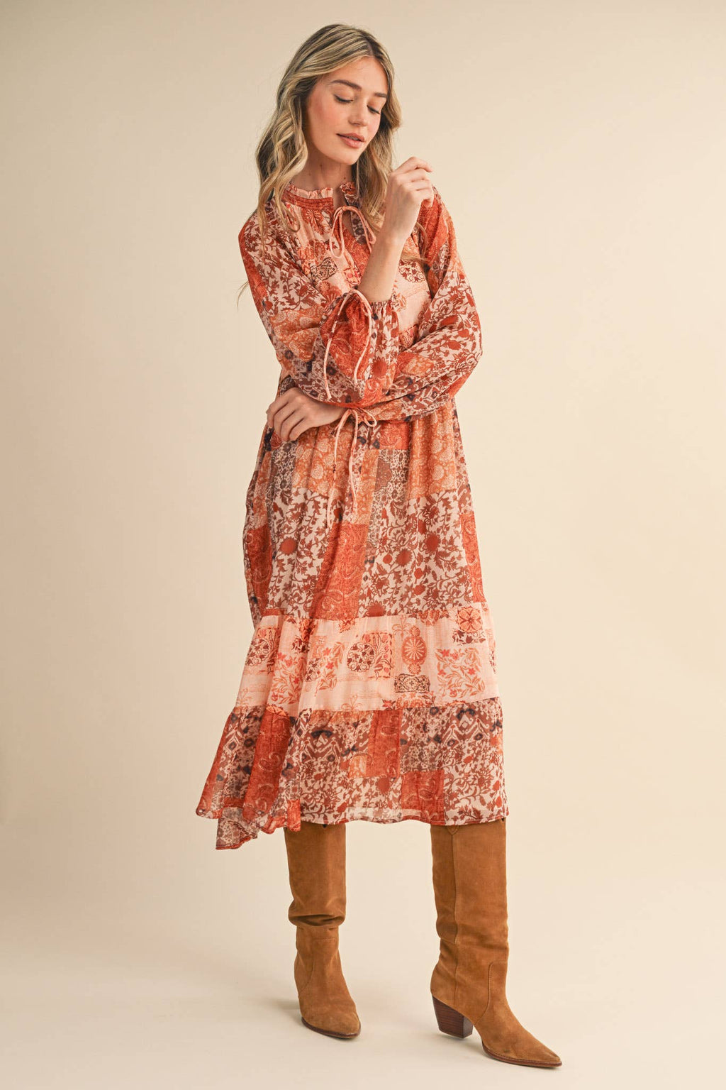 PATCHWORK PRINT MIDI DRESS RUST MULTI FLORAL