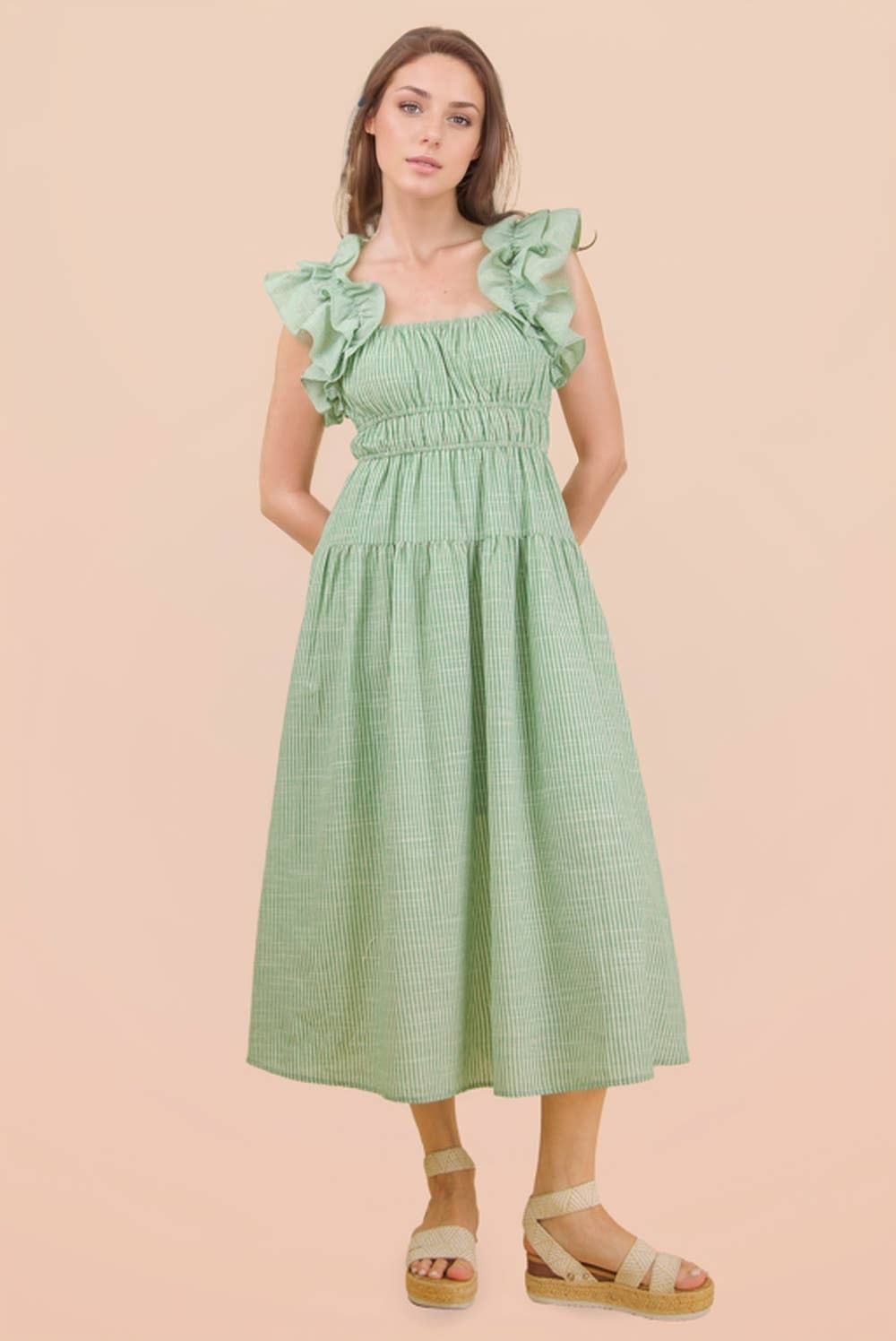 ND32033-Shoulder Ruffle Detail Stripe Midi Dress: GREEN / S-M-L/2-2-2