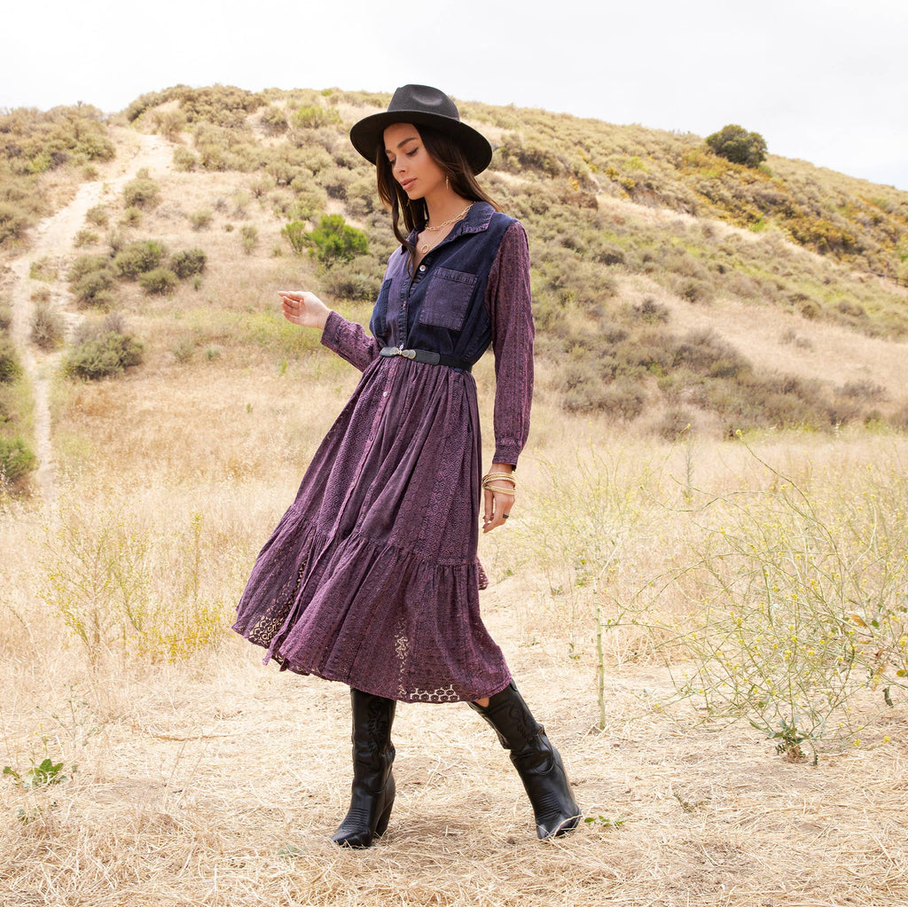 Vintage Bohemian Tiered Midi Dress - Boho Eyelet NEW: GRAVEL / REGULAR (S-M-L-XL 2-2-2-1)