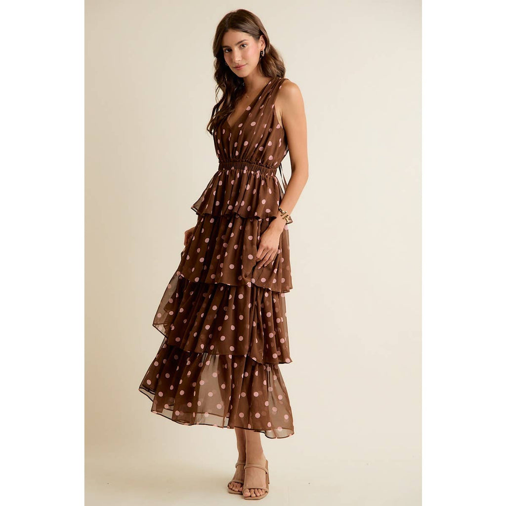 POLKA DOT CHIFFON TIERED MAXI LINED SLEEVELESS DRESS: BROWN/PINK / S
