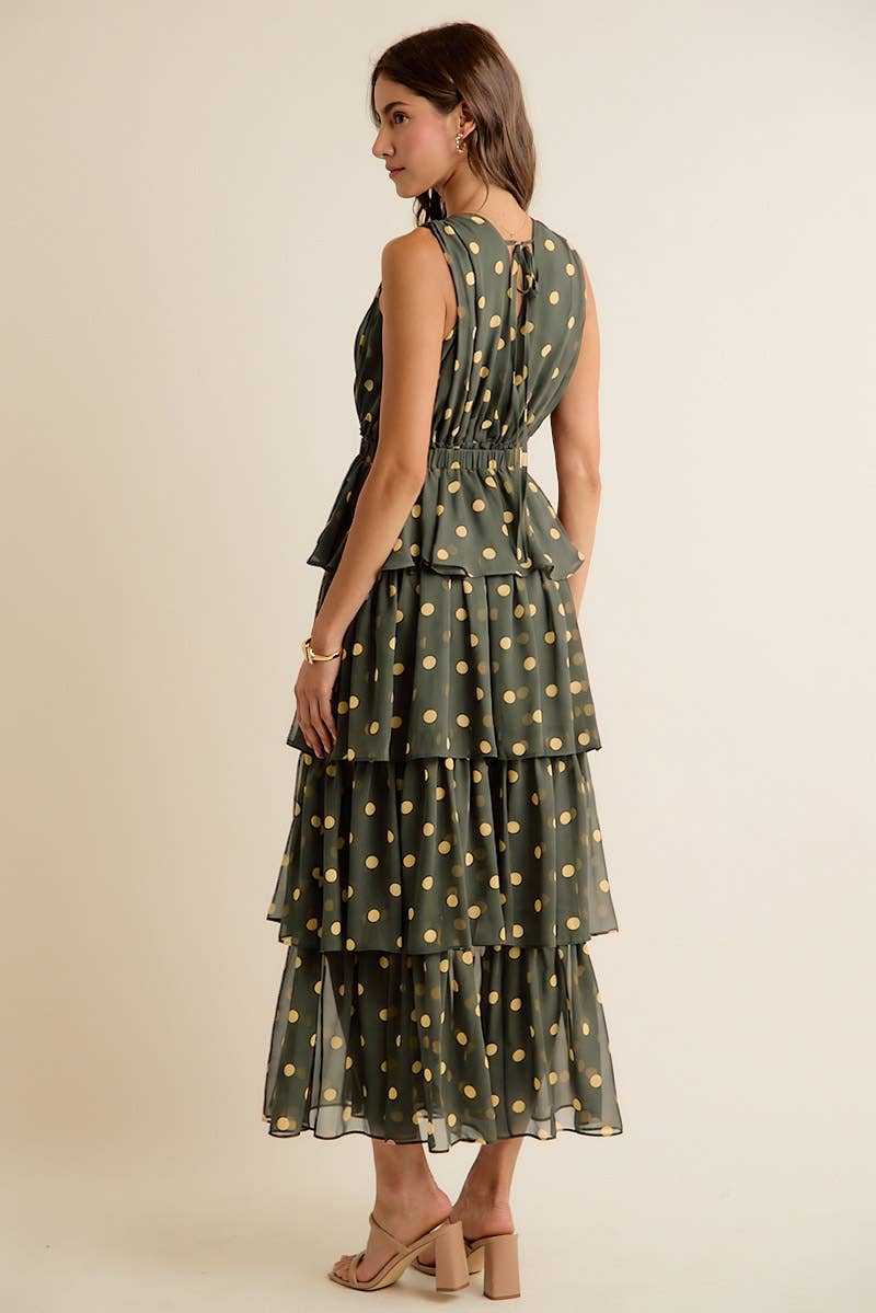 POLKA DOT CHIFFON TIERED MAXI LINED SLEEVELESS DRESS: BROWN/PINK / S