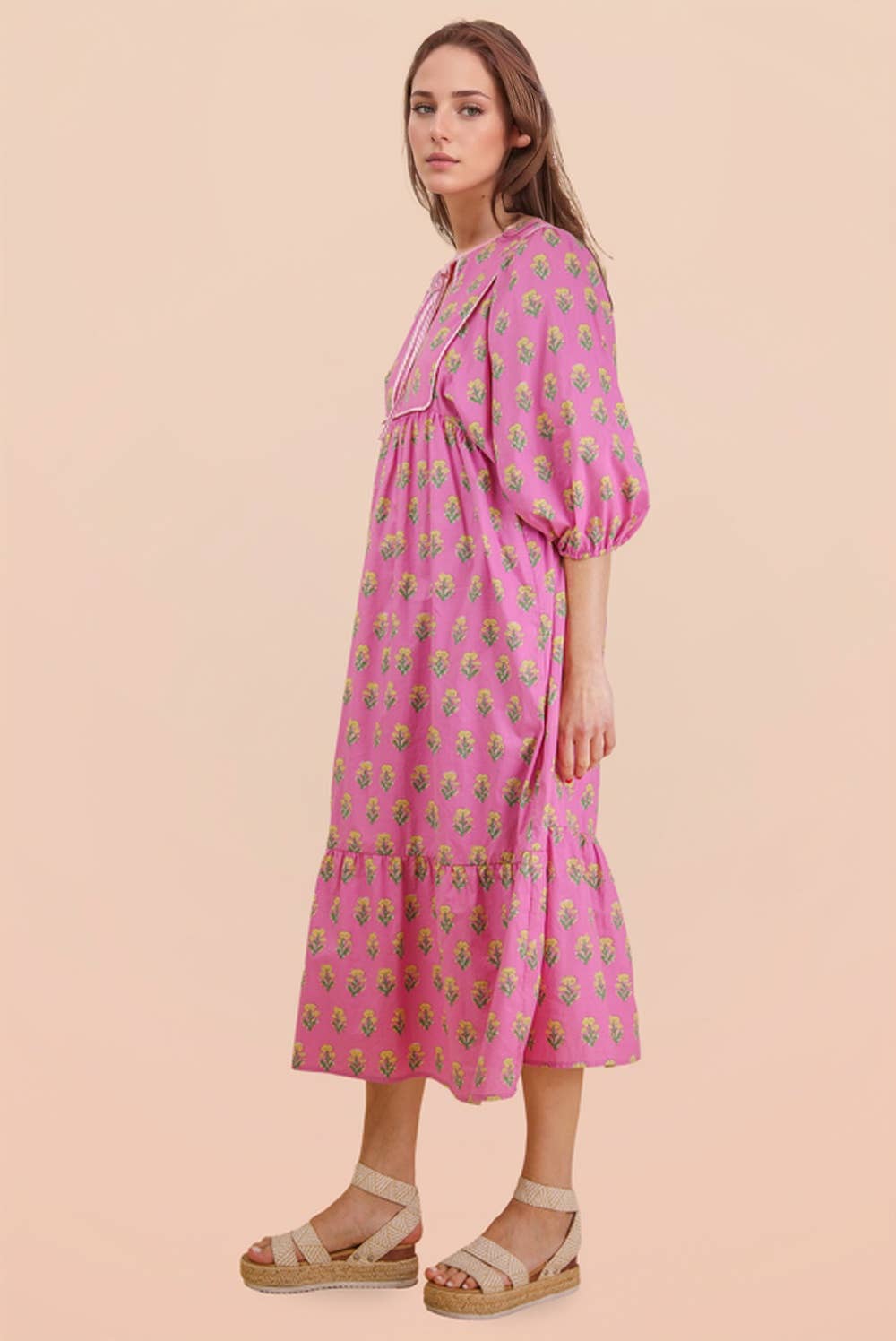 ND32007-Printed Half Sleeve Midi Dress: White mix / S-M-L/2-2-2
