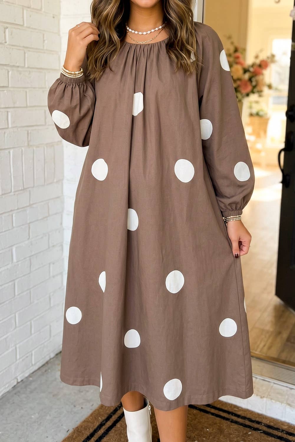 PRE ORDER Polka Dot Bow Knot Back Shift Midi Dress Brown (9/5)