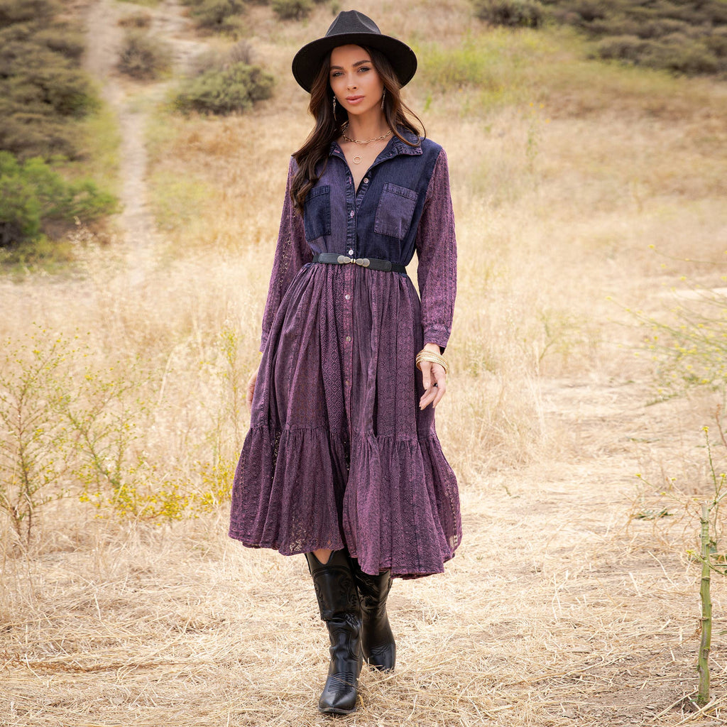 Vintage Bohemian Tiered Midi Dress - Boho Eyelet NEW: GRAVEL / REGULAR (S-M-L-XL 2-2-2-1)