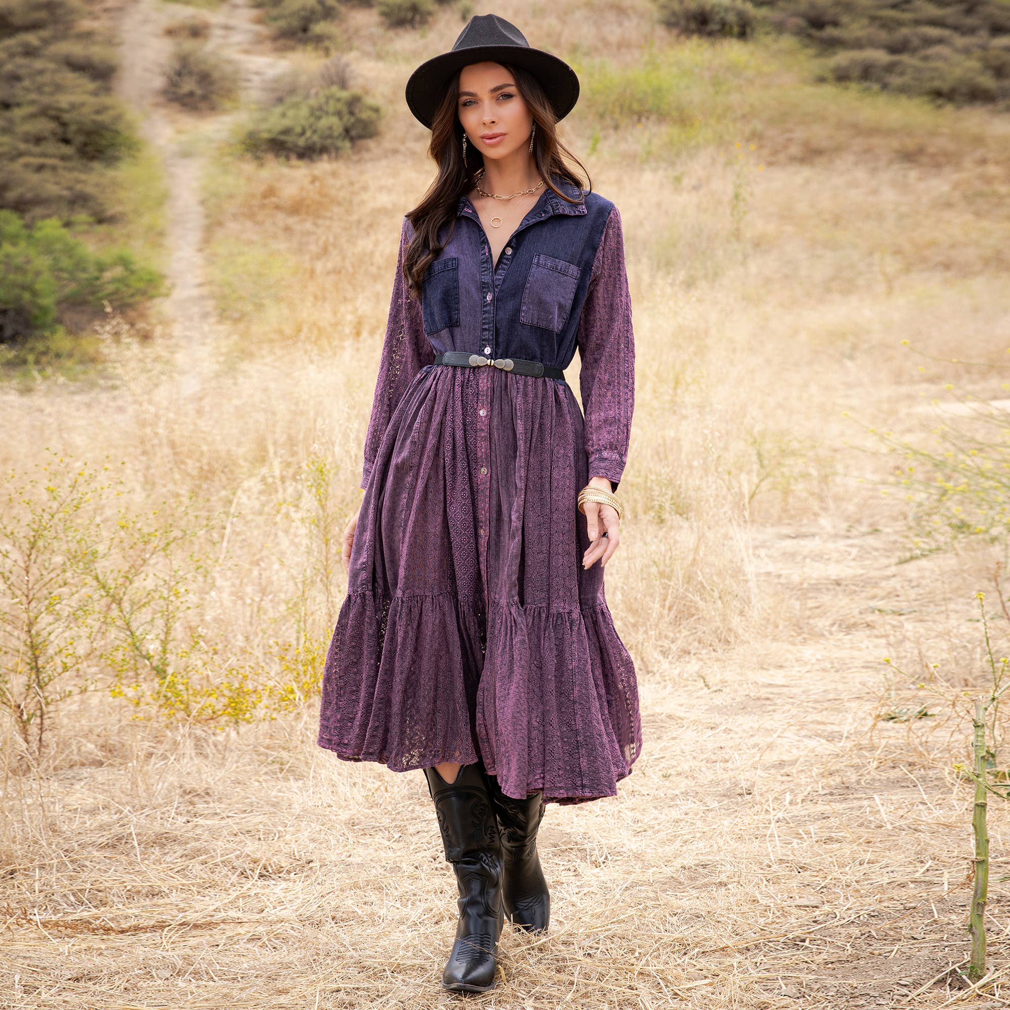 Vintage Bohemian Tiered Midi Dress - Boho Eyelet NEW: GRAVEL / REGULAR (S-M-L-XL 2-2-2-1)