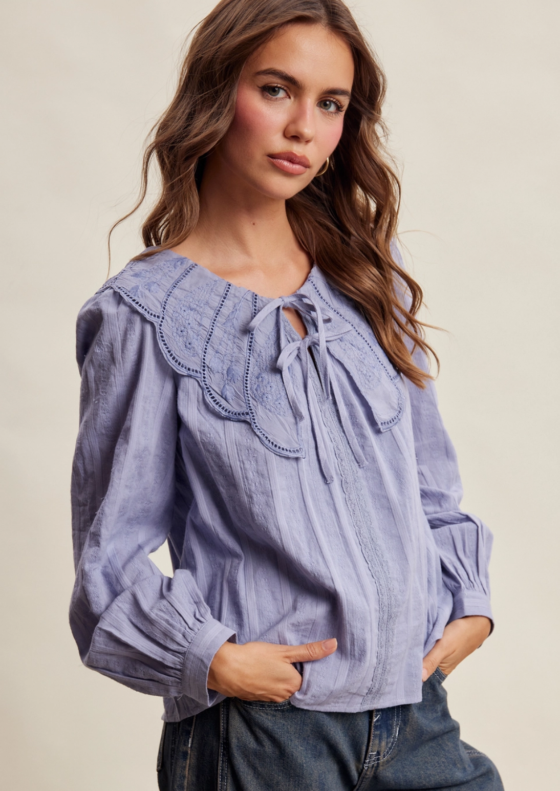 Embroidered Scalloped Collar Blouse Slate Blue
