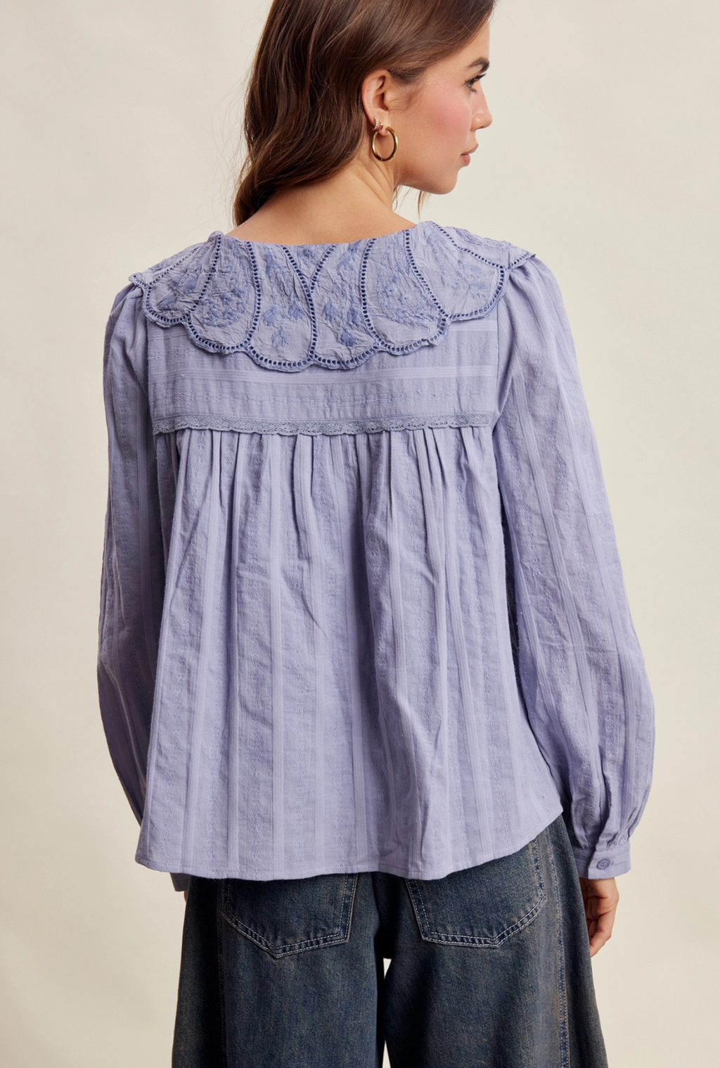 Embroidered Scalloped Collar Blouse Slate Blue
