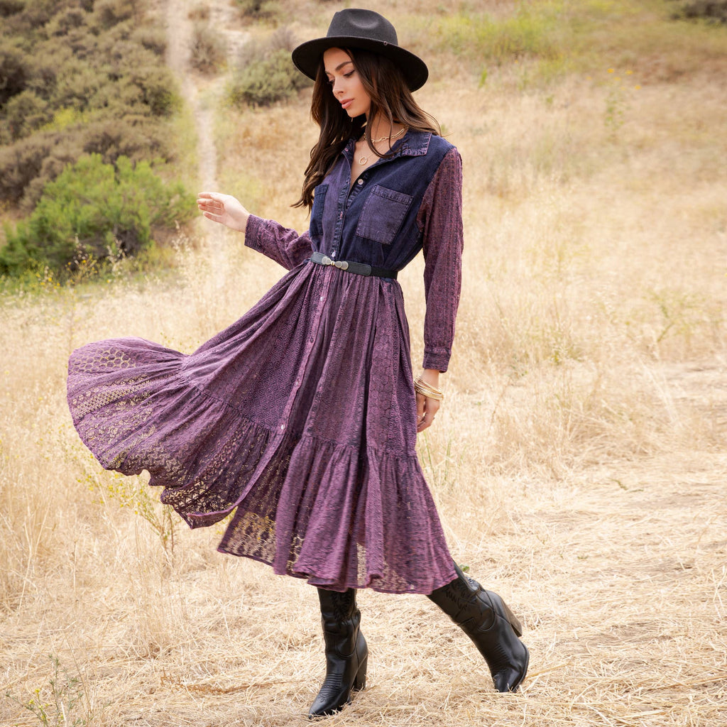 Vintage Bohemian Tiered Midi Dress - Boho Eyelet NEW: GRAVEL / REGULAR (S-M-L-XL 2-2-2-1)