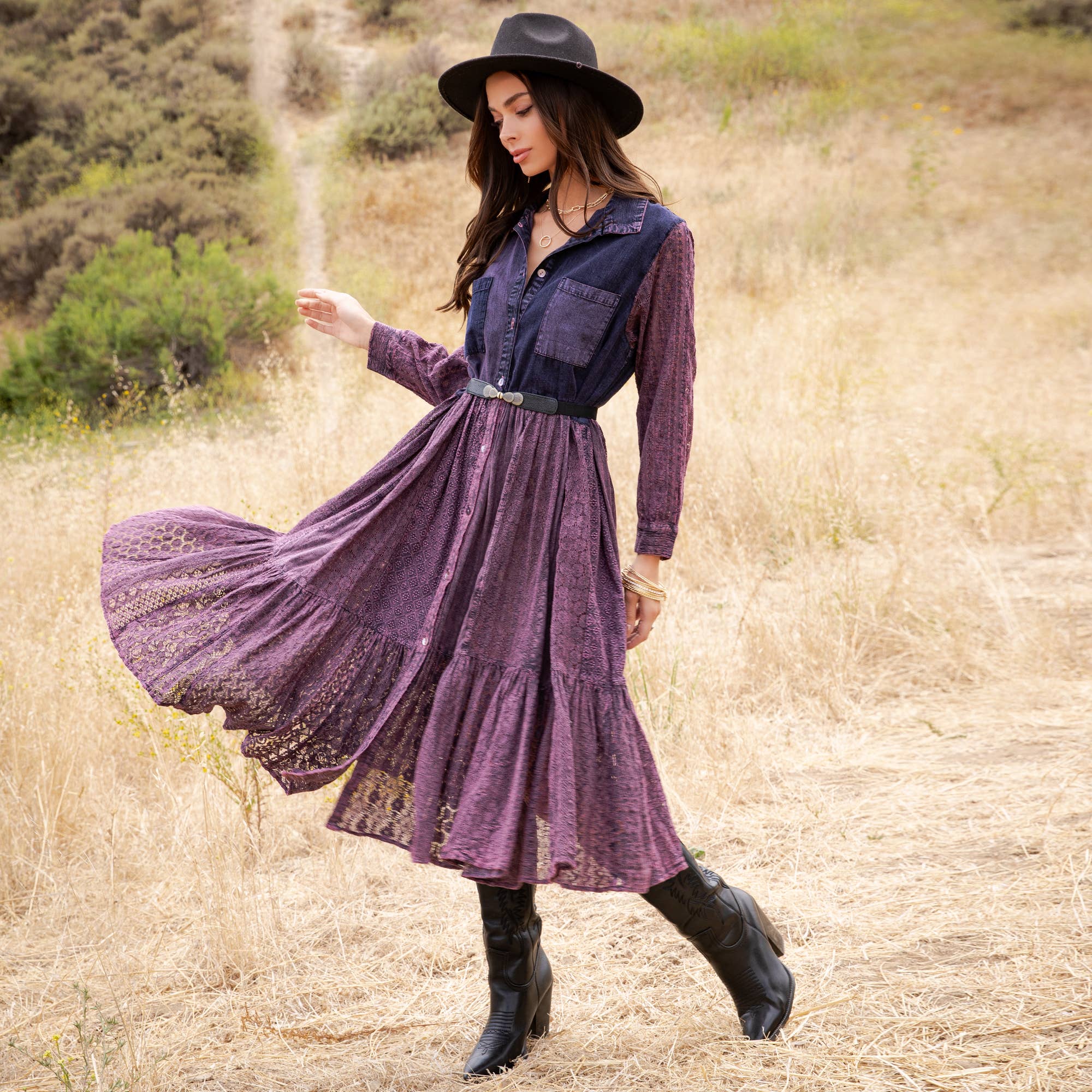 Vintage Bohemian Tiered Midi Dress - Boho Eyelet NEW: GRAVEL / REGULAR (S-M-L-XL 2-2-2-1)