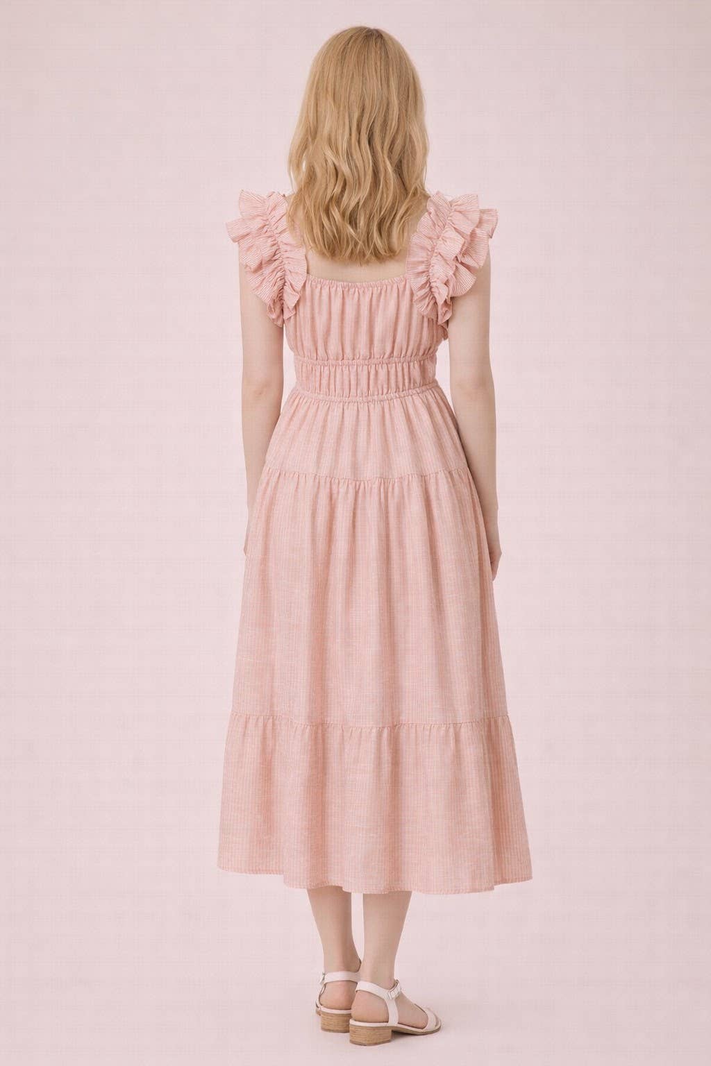 ND32033-Shoulder Ruffle Detail Stripe Midi Dress: GREEN / S-M-L/2-2-2