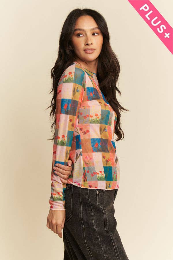 Floral Checker Patchwork Print Mesh Long Sleeve Top Plus Size