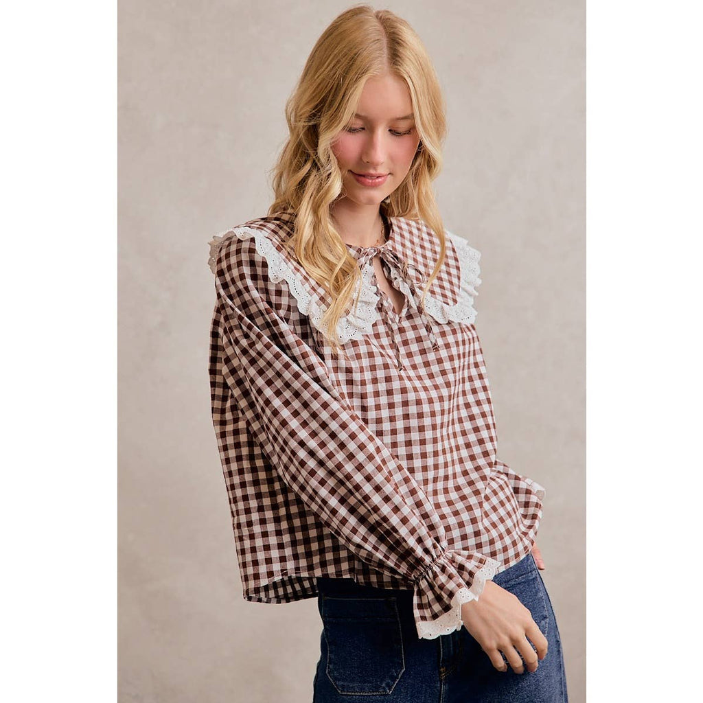GINGHAM CHECK LACE EDGE COLLARED FRONT TIE SHIRTS BLOUSE: BROWN / L