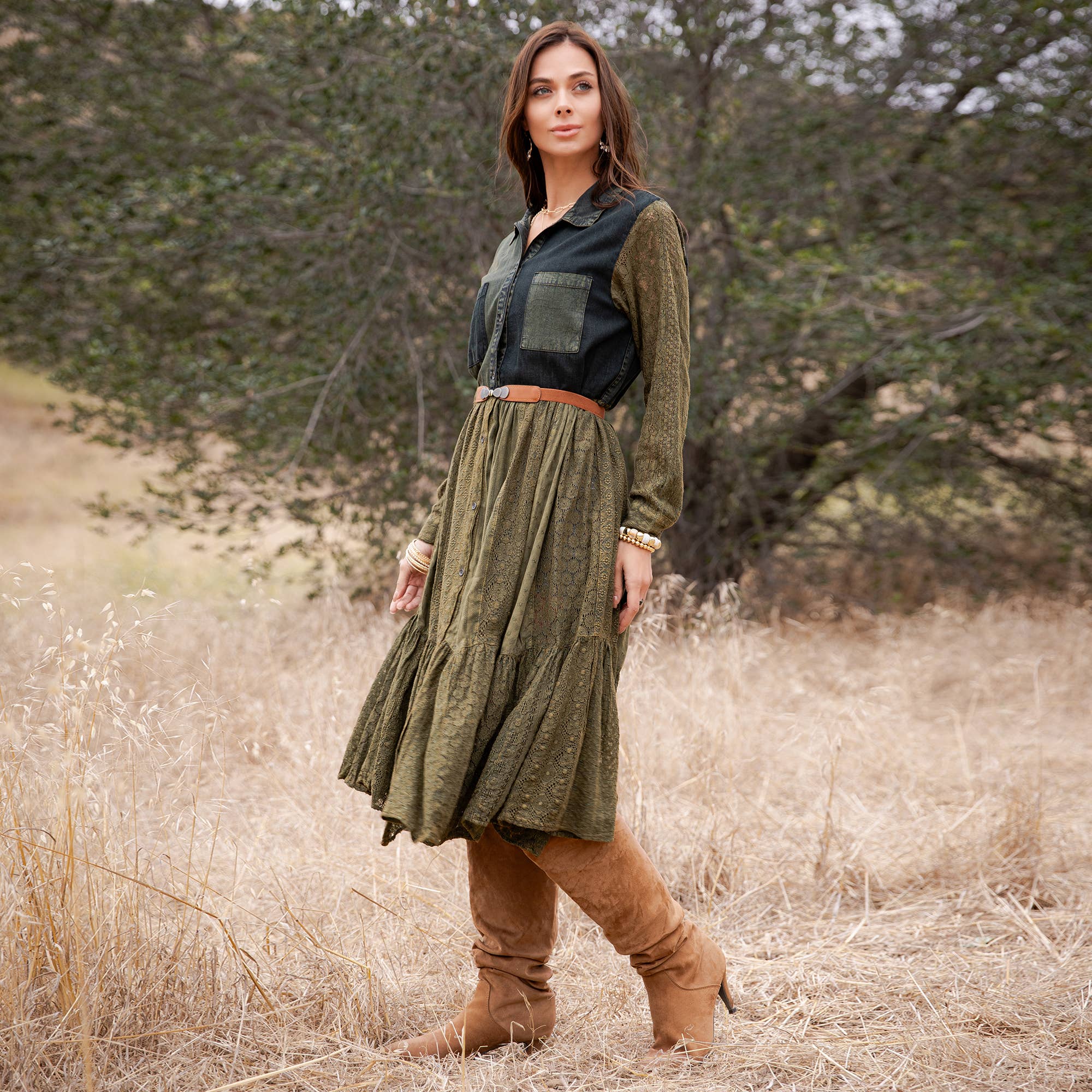 Vintage Bohemian Tiered Midi Dress - Boho Eyelet NEW: GRAVEL / REGULAR (S-M-L-XL 2-2-2-1)