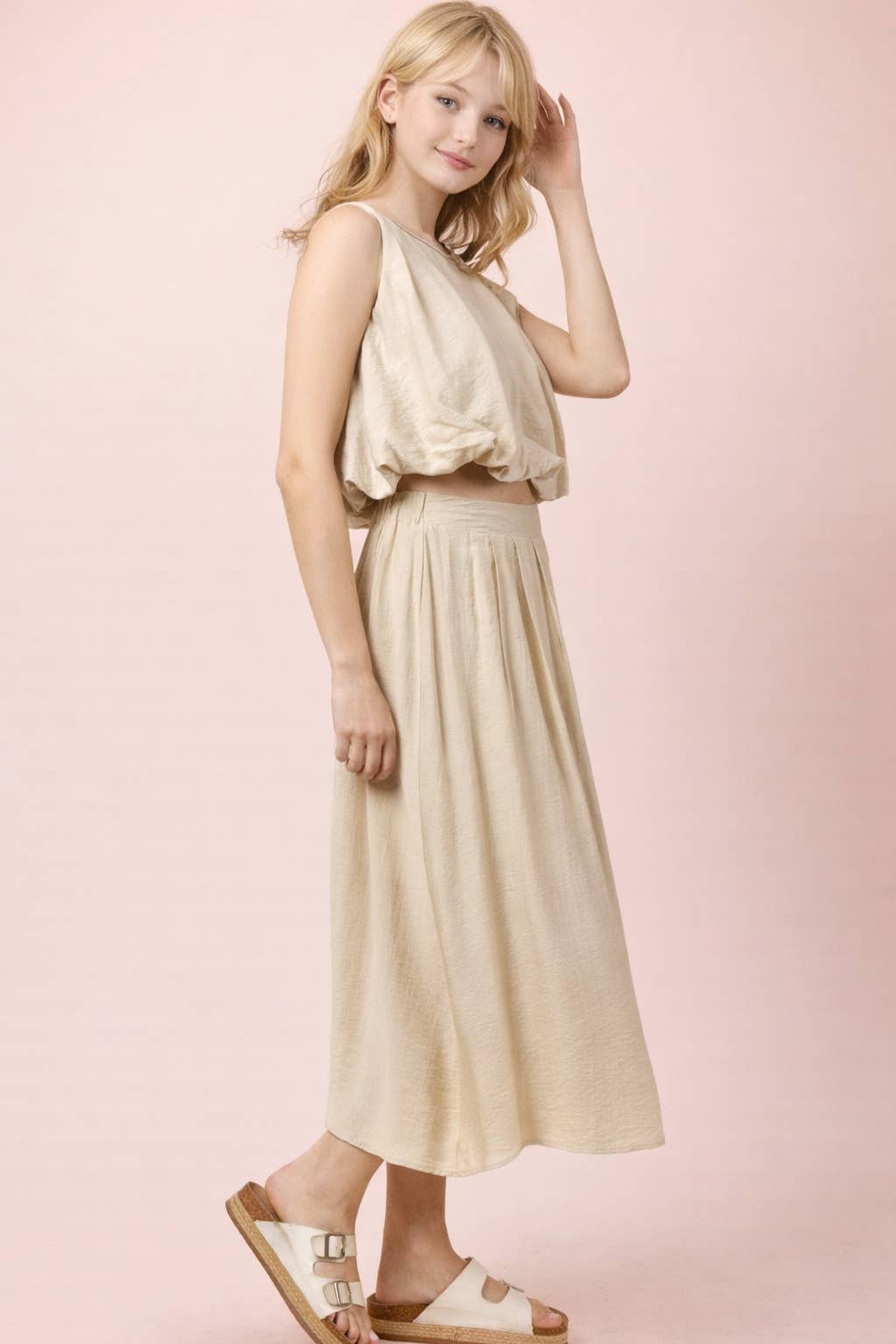 NT12643SET-Pleated Bubble Blouse Top & Midi Skirt Set: DENIM / S-M-L/2-2-2