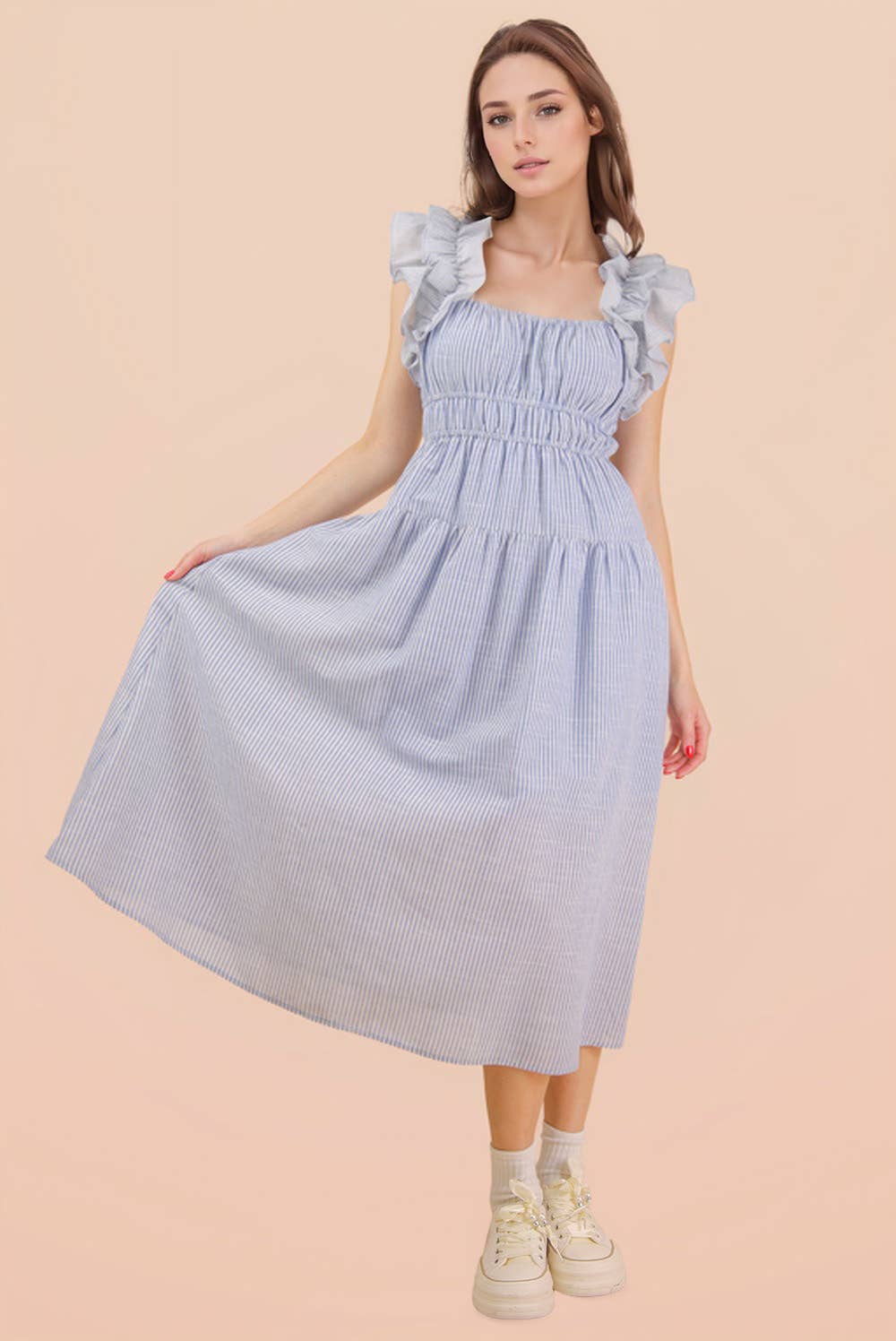ND32033-Shoulder Ruffle Detail Stripe Midi Dress: GREEN / S-M-L/2-2-2