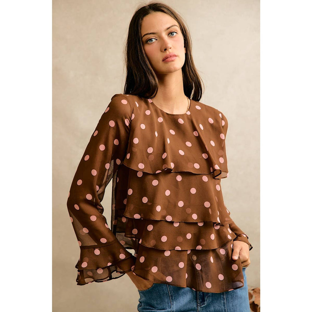 POLKA DOT PRINT RUFFLE BLOUSE: BROWN/PINK / S